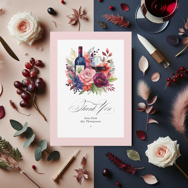Carte De Remerciements Mariage de dégustation de vin de Bourgogne, de la  (Burgundy, Navy and Blush Wine Tasting Wedding Thank You Card)