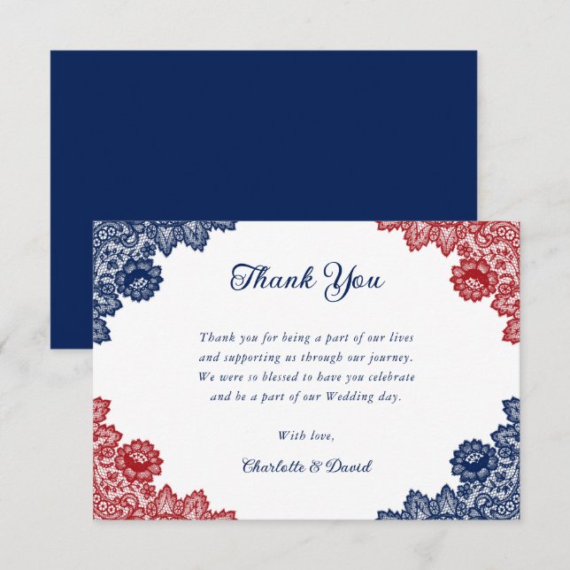 Carte De Remerciements Mariage de dentelle florale bleu et rouge rustique (Devant / Derrière)