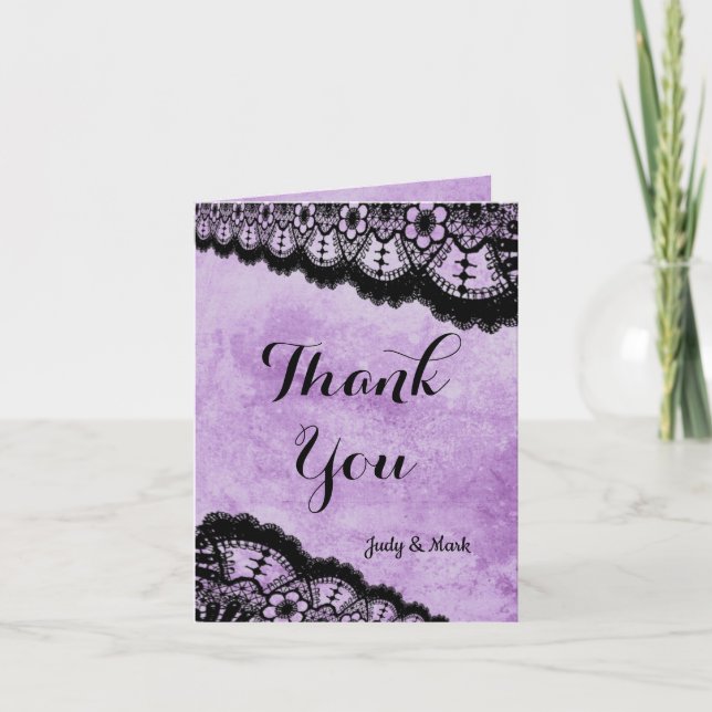 Carte De Remerciements Mariage de dentelle noire gothique violet Grunge (Devant)