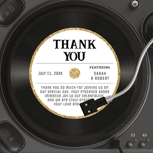 Carte De Remerciements Mariage de disques de vinyle de Parties scintillan (Retro Gold Glitter Vinyl Record Wedding Thank You Card
)