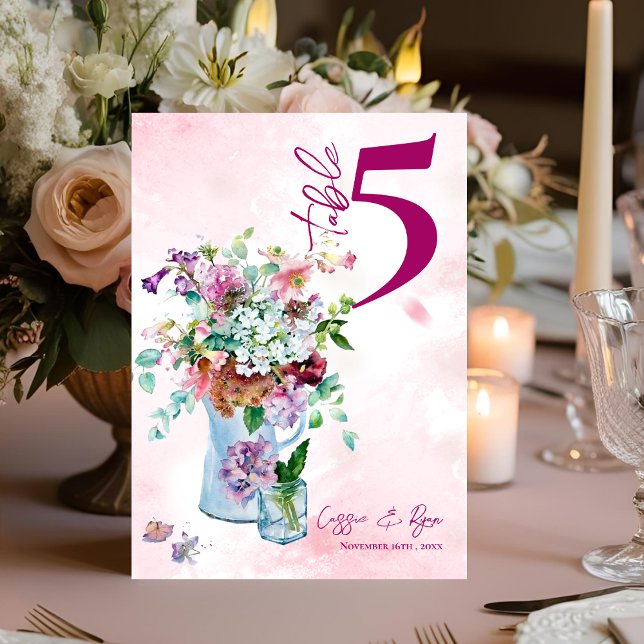 Carte De Remerciements Mariage de Fleur sauvage rose floral rustique (Pink Floral Rustic Wildflower Wedding Table Number)