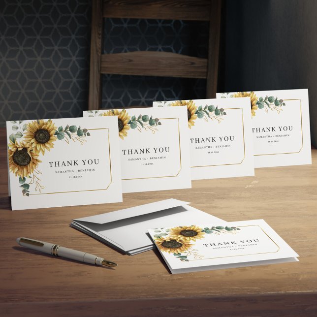 Carte De Remerciements Mariage de fleurs de tournesol (Floral Sunflower Greenery Watercolor Wedding Thank You Folded Card)