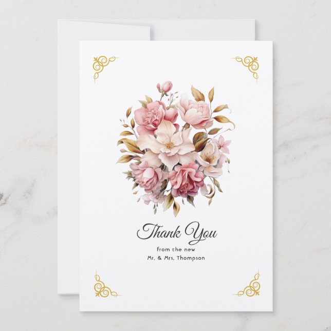 Carte De Remerciements Mariage de fleurs rose et or (Devant)