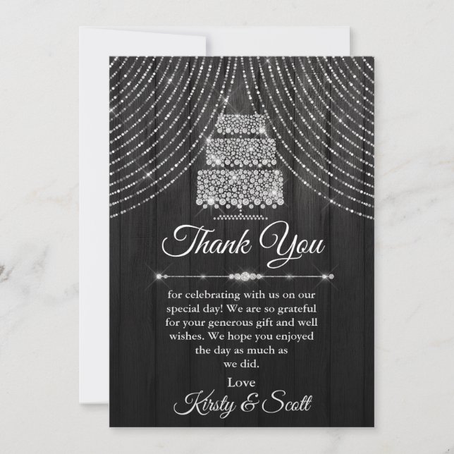 Carte De Remerciements Mariage de gâteau noir diamant argenté (Devant)