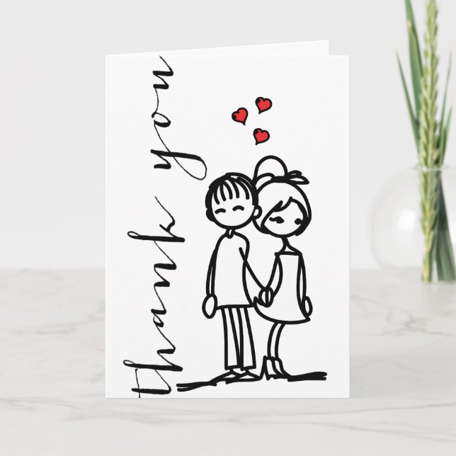 Carte De Remerciements Mariage de gribouillis de garçon et fille amoureux (Devant)