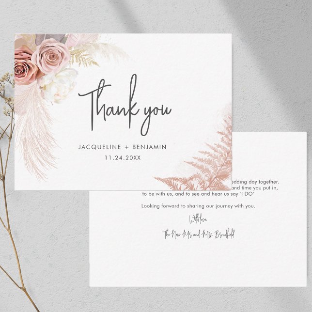 Carte de remerciements Mariage de la laiton de Pam (Pampas Grass Script Typography Wedding Thank You Note Card)