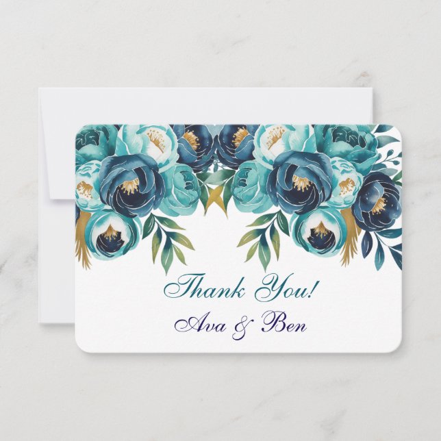 Carte De Remerciements Mariage de la marine turquoise Blue Peony Flowers (Devant)