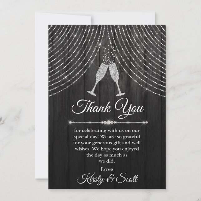 Carte De Remerciements Mariage de lunettes de diamant noir en argent (Devant)