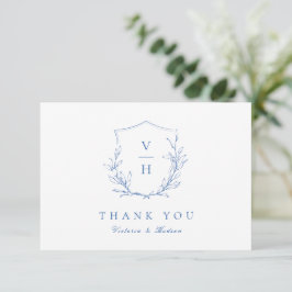 Carte De Remerciements Mariage de monogramme bleu simple de crête botaniq