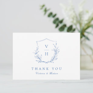 Carte De Remerciements Mariage de monogramme bleu simple de crête botaniq