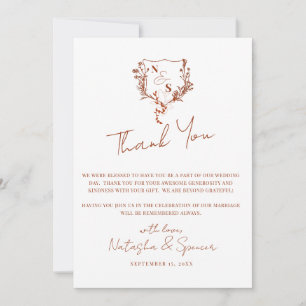 Carte De Remerciements Mariage de monogramme de crête florale rustique