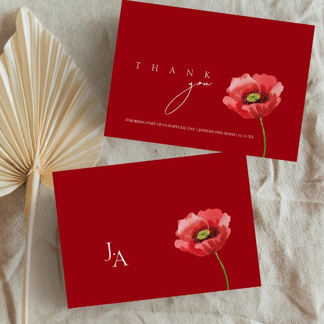Carte De Remerciements Mariage de monogramme du Populaire Rouge Crimson (Crimson Red Poppy Monogram Wedding Thank You Card)