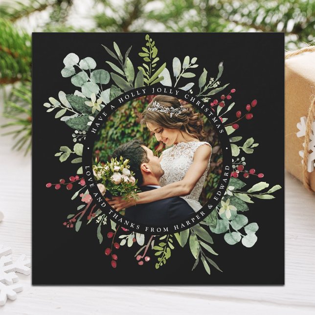 Carte De Remerciements Mariage de Noël botanique Photo Carré noir (Créateur téléchargé)