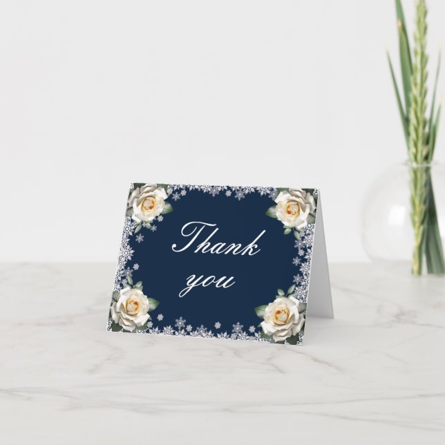Carte De Remerciements Mariage de Noël des Flammes de neige Roses blanche (Devant)