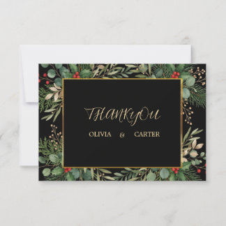 Carte De Remerciements Mariage de Noël noir à feuillage doré
