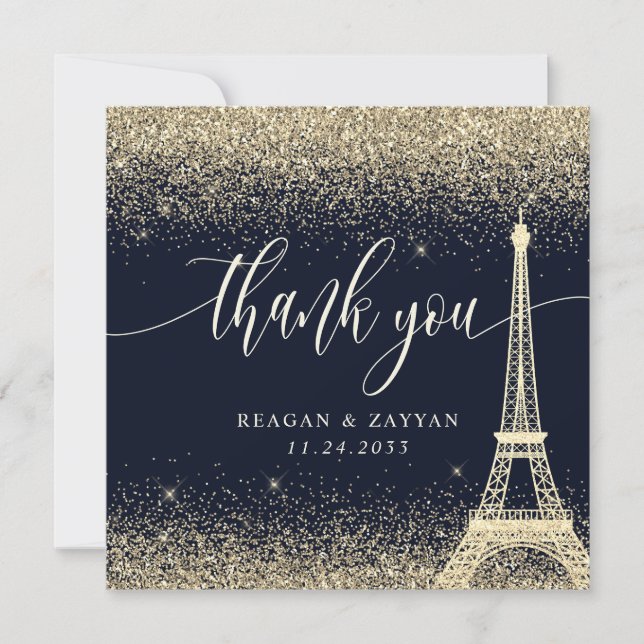 Carte De Remerciements Mariage de Parties scintillant d'or Tour Eiffel (Devant)