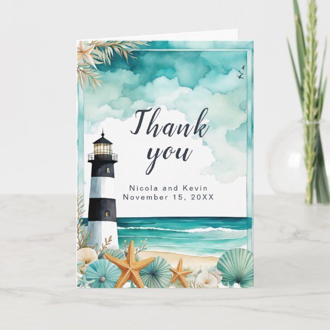 Carte De Remerciements Mariage de phare nautique (Devant)