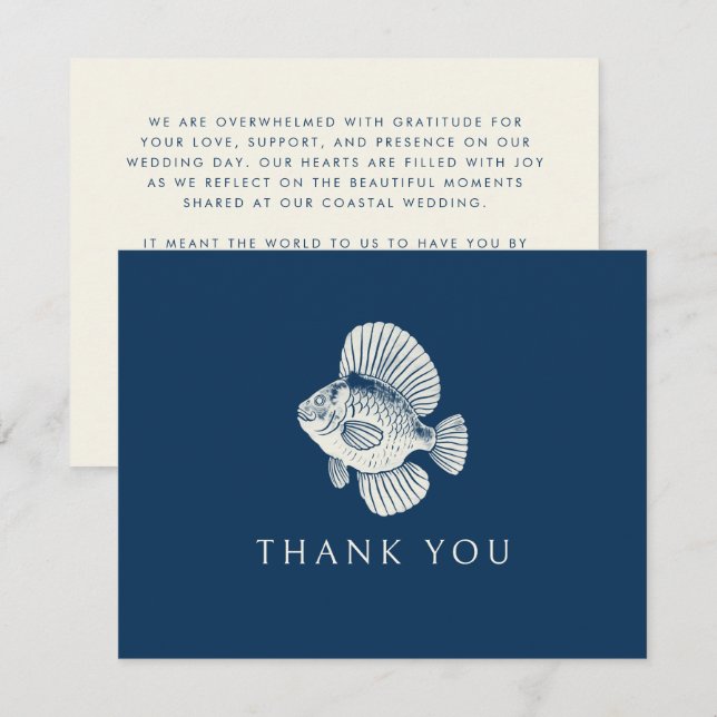 Carte De Remerciements Mariage de plage moderne bleu marine Poisson nauti (Devant / Derrière)