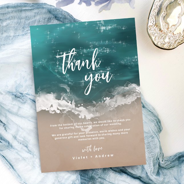 Carte De Remerciements mariage de plage océanique Abstraite (Abstract sparkling moody ocean beach wedding thank you card)