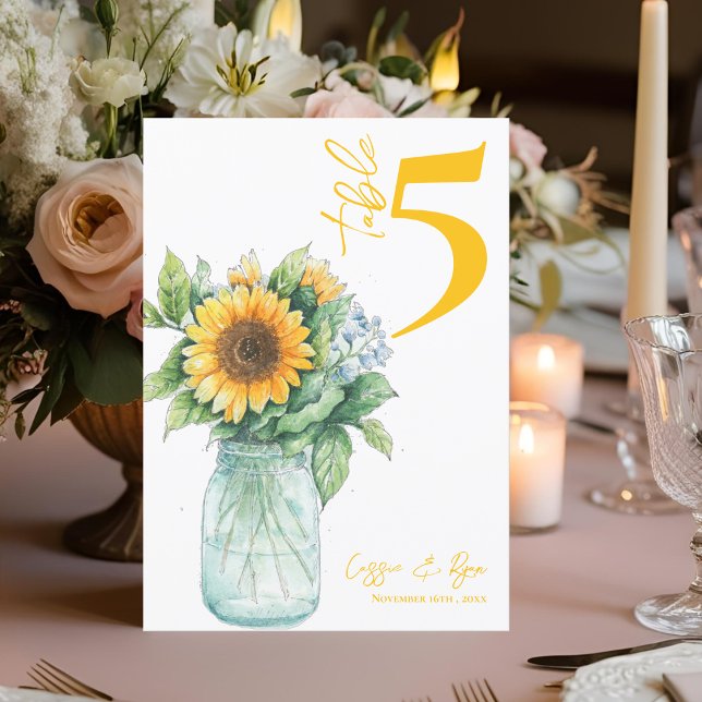 Carte De Remerciements Mariage de pot de tournesol rustique Mason Numéro  (Rustic Sunflower Mason Jar Wedding Table Number)
