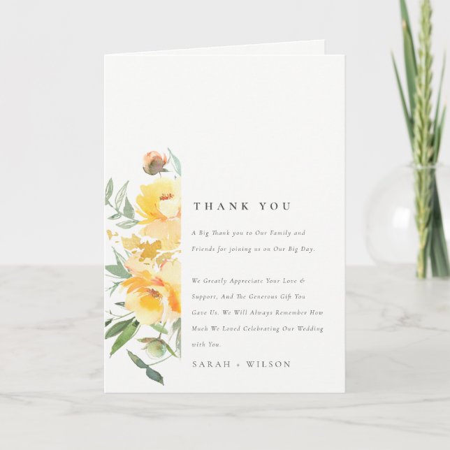 Carte De Remerciements Mariage   de Rose à aquarelle jaune vert (Devant)