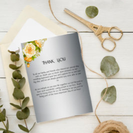 Carte De Remerciements Mariage de roses argentées et jaunes