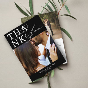 Carte De Remerciements Mariage de script minimaliste noir et blanc