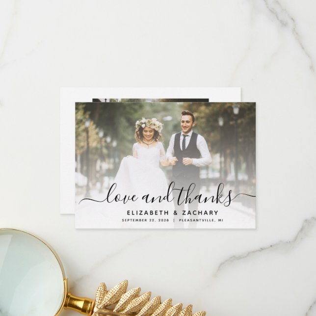 Carte De Remerciements mariage de script noir à 2 photos (Devant/Arrière en situation)