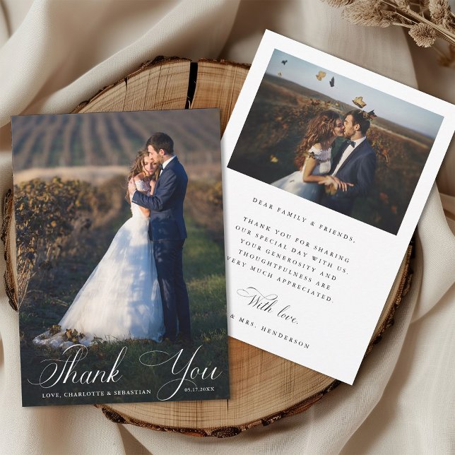 Carte De Remerciements Mariage de script romantique 2 Photo (Front & Back)