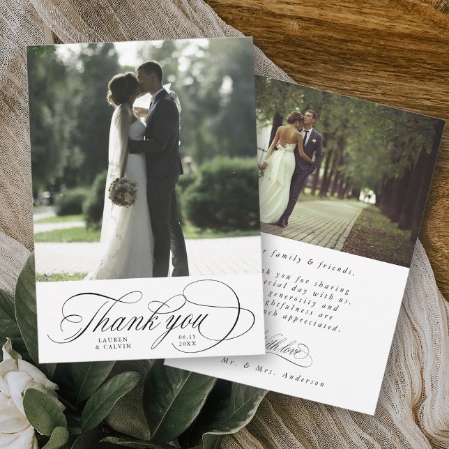 Carte De Remerciements Mariage de script romantique 2 Photo (Front & Back)