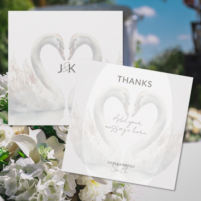 Carte de remerciements Mariage de Swans romantique (Romantic Swans Wedding Thank You Card (front and back))