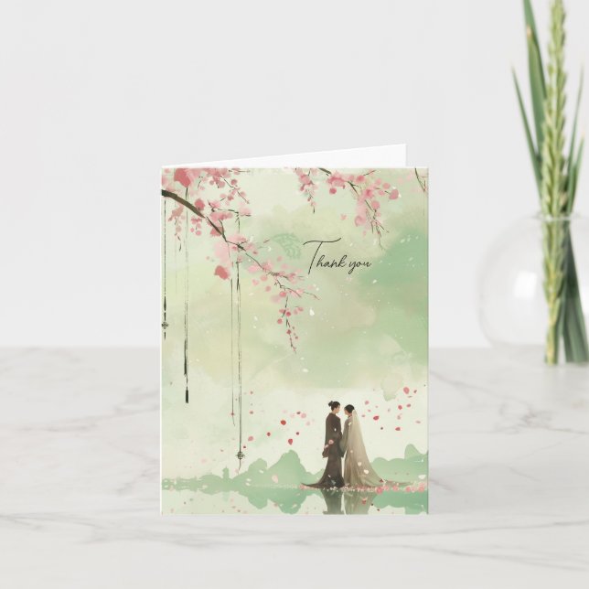 Carte De Remerciements Mariage de thème vert mariée et chambre (Devant)