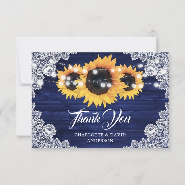 Carte De Remerciements Mariage de tournesol en bois rustique bleu marine (Devant)