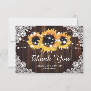Carte De Remerciements Mariage de tournesol en dentelle de bois rustique