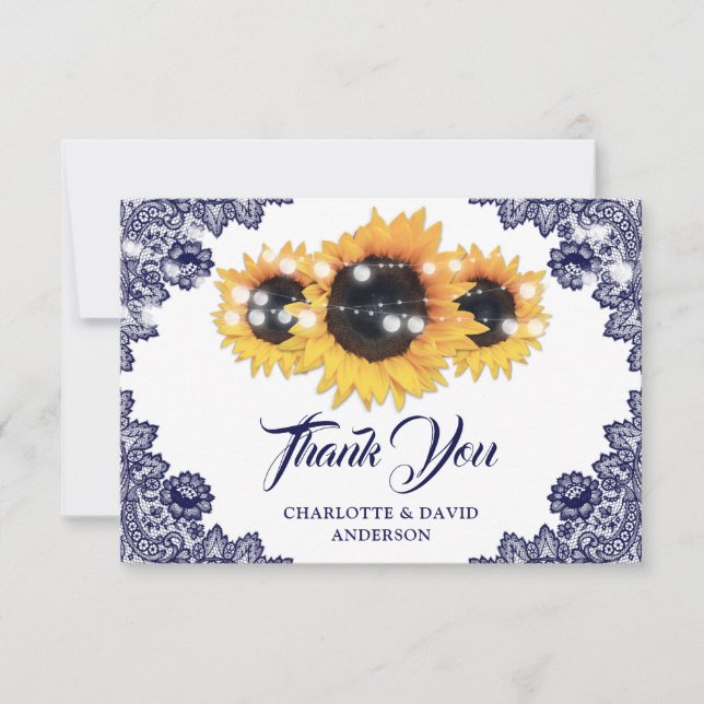 Carte De Remerciements Mariage de tournesol en dentelle rustique bleu mar (Devant)
