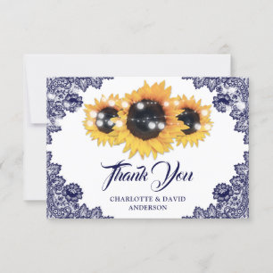 Carte De Remerciements Mariage de tournesol en dentelle rustique bleu mar