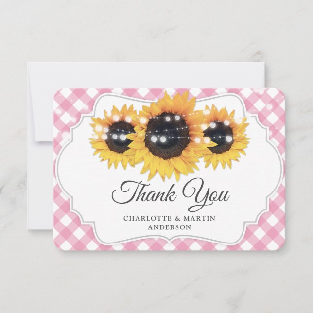 Carte De Remerciements Mariage de tournesol rose En vichy rustique (Devant)