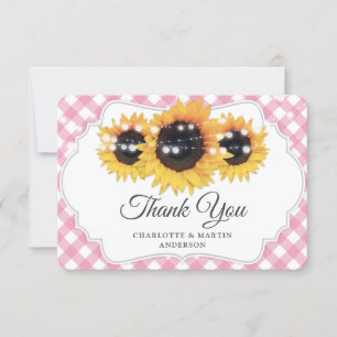 Carte De Remerciements Mariage de tournesol rose En vichy rustique