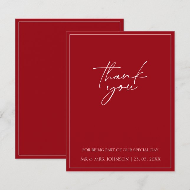 Carte De Remerciements Mariage de typographie rouge Crimson minimal (Devant / Derrière)