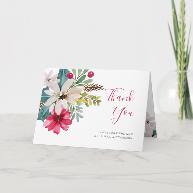 Carte De Remerciements Mariage de vacances d'hiver | Aquarelle florale (Devant)