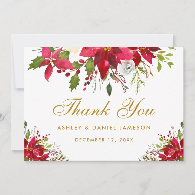 Carte De Remerciements Mariage de vacances Poinsettia Floral Gold (Devant)