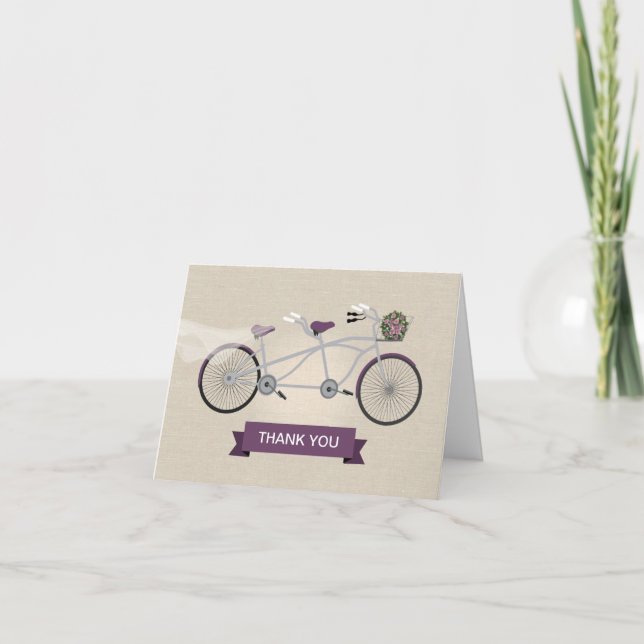 Carte De Remerciements Mariage de vélo Faux Linen Plum Tandem (Devant)