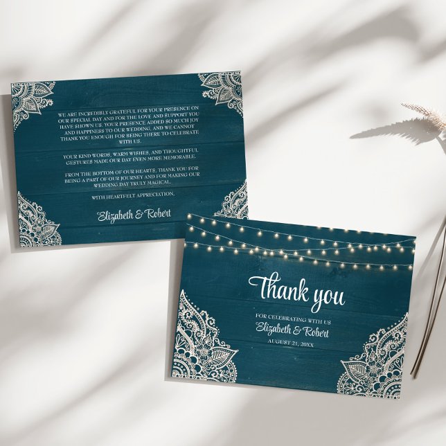 Carte De Remerciements Mariage d'élégance Turquoise foncé (Dark Teal Rustic Elegance Wedding Thank You Card on a sunny white table.)
