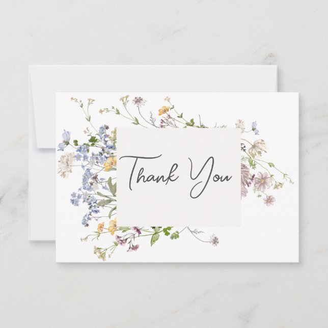 Carte De Remerciements Mariage délicat Bohème Fleurs sauvages Blanc (Devant)