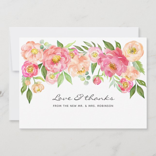 Carte De Remerciements Mariage des pivoines aquarelles (Devant)