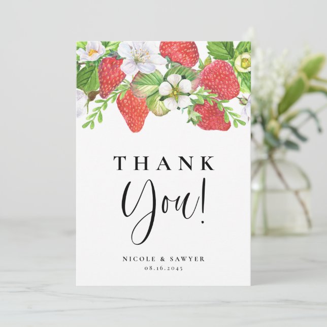 Carte De Remerciements Mariage d'été aux fraises d'aquarelle (Debout devant)