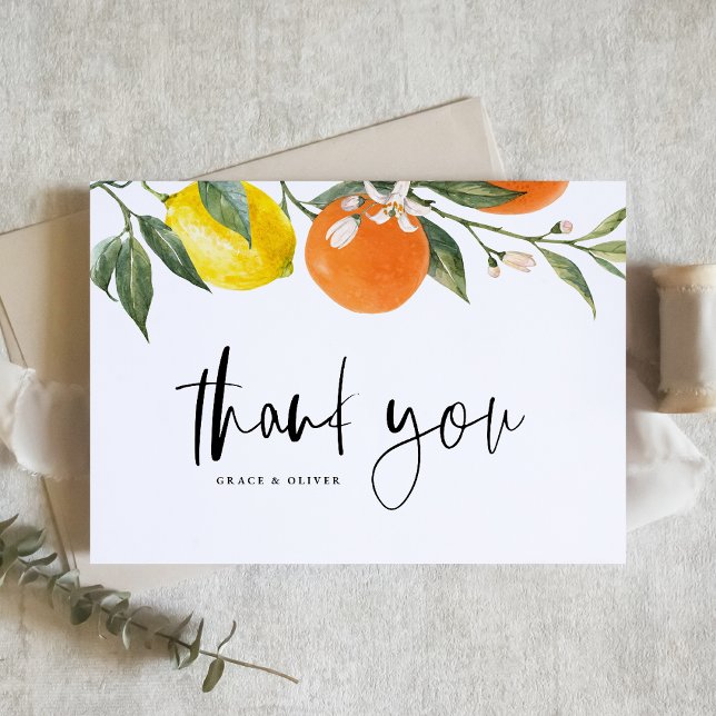 Carte De Remerciements Mariage d'été de l'orange botanique et du citron (Botanical Orange and Lemon Summer Wedding Thank You Card)