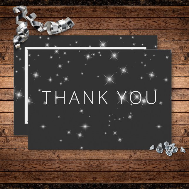 Carte De Remerciements Mariage d'étincelle d'hiver noir au charbon modern (Modern Charcoal Black Winter Sparkle Wedding Thank You Card)