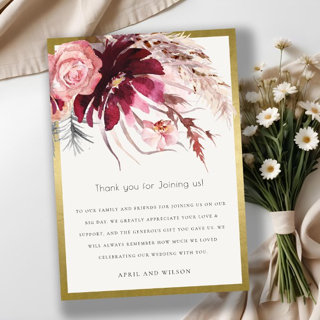 Carte De Remerciements Mariage d'herbe Gold Burgundy (Créateur téléchargé)