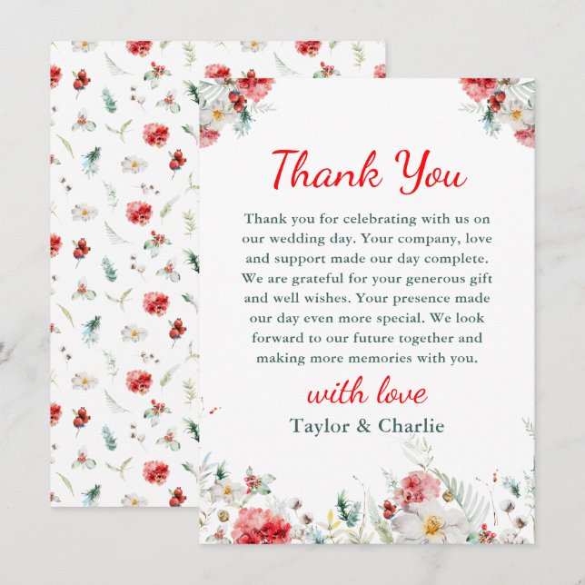 Carte De Remerciements Mariage d'hiver à la végétation florale élégante (Devant / Derrière)